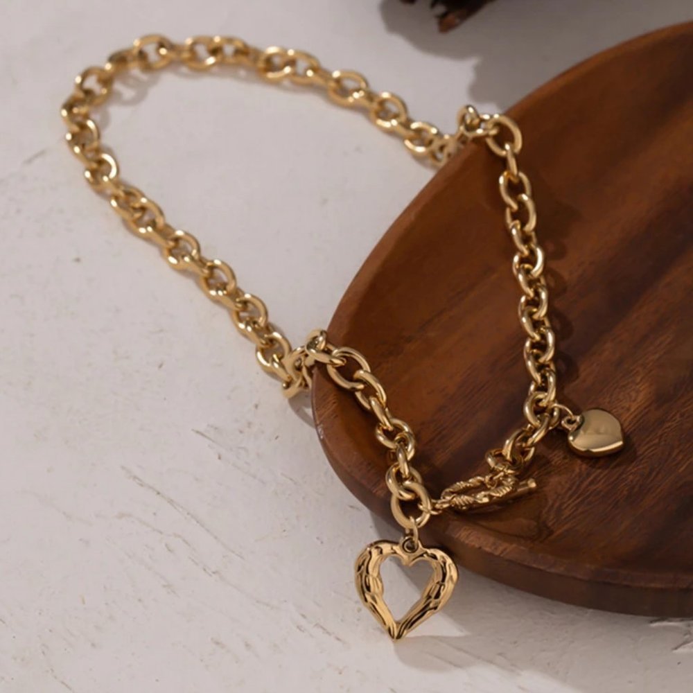 NEW 18K Gold Plated Heart Circle Toggle  Chunky Link Chain Necklace